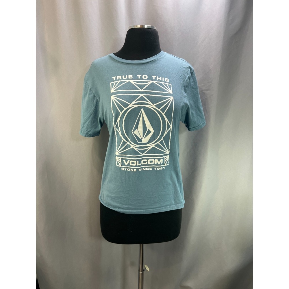 Volcom True To This T Shirt Womens Large Light Blue Cotton Graphic Straight Hem